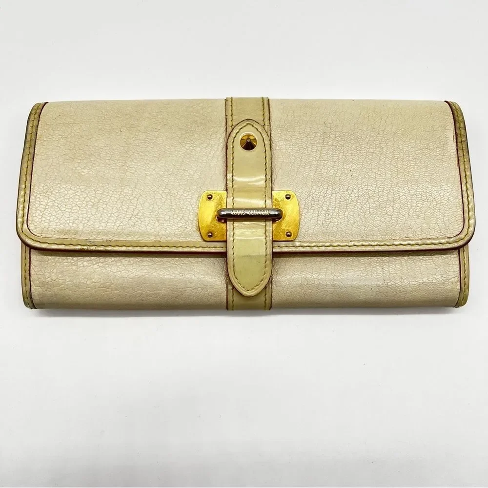 Louis Vuitton Cream Leather w/Gold Metal Red Trim/Yellow Stitching Suhali Wallet